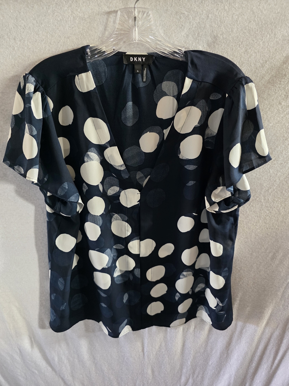 DKNY Navy and White Polka Dot V-Neck Top
